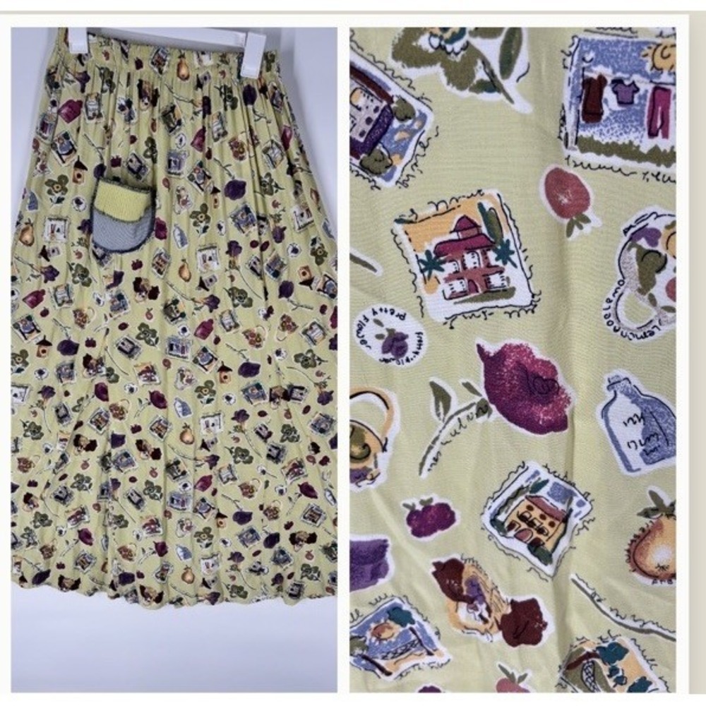 Vintage Garden Party Floral Fruit Maxi Skirt M Broomstick‎ Cottage Twee Prairie